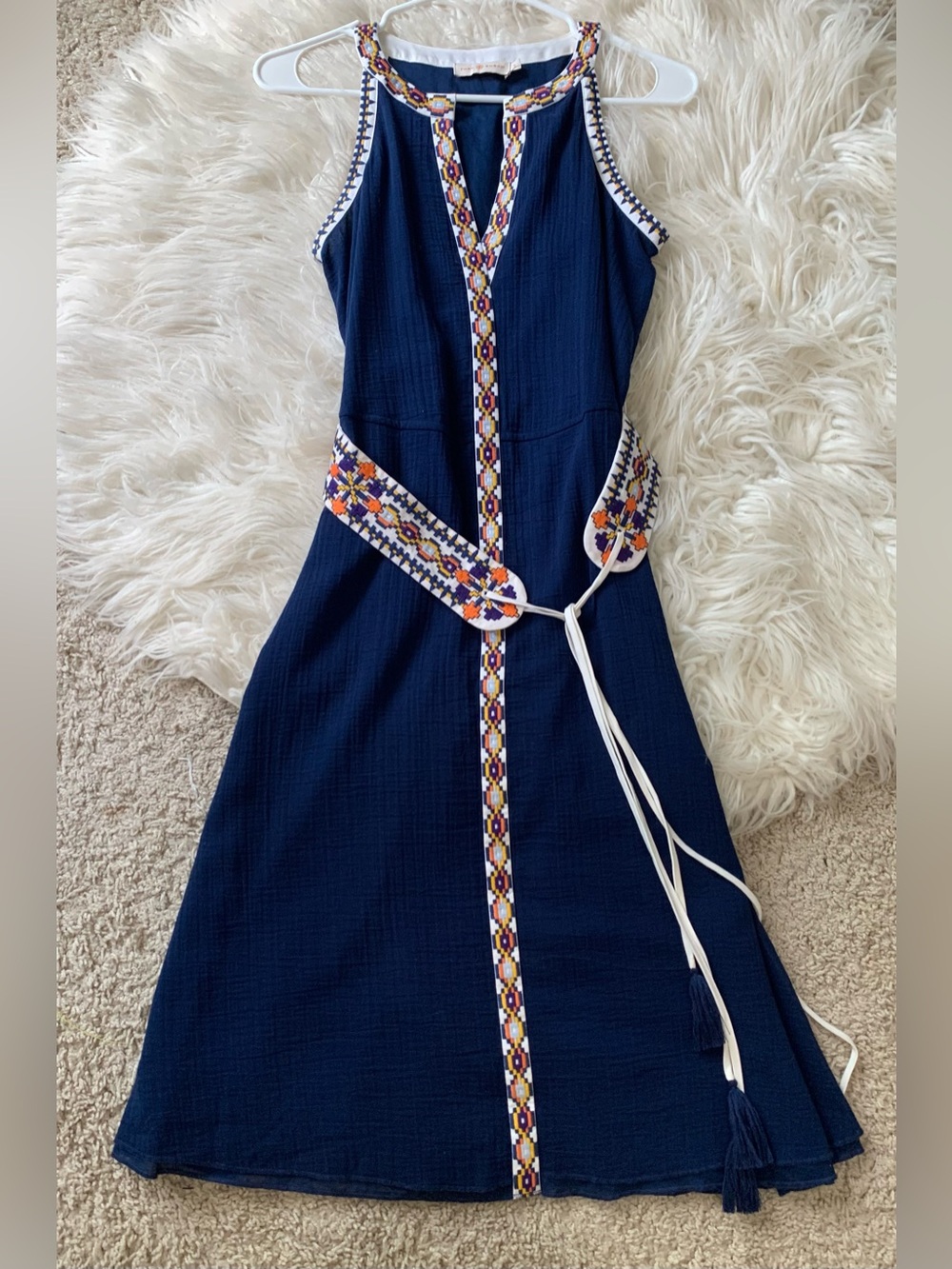 Tory Burch Tory Savannah Embroidered Belted Dress Blue Multicolor Size 0